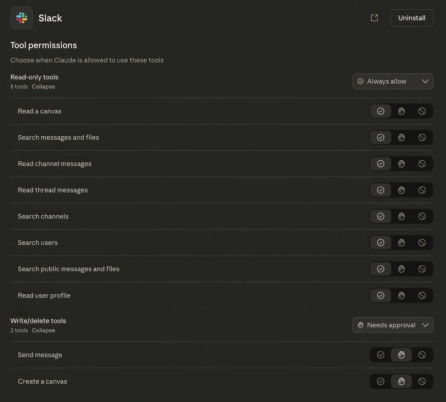 Slack MCP server tool permissions showing read-only and write/delete capabilities (Source : Anthropic).