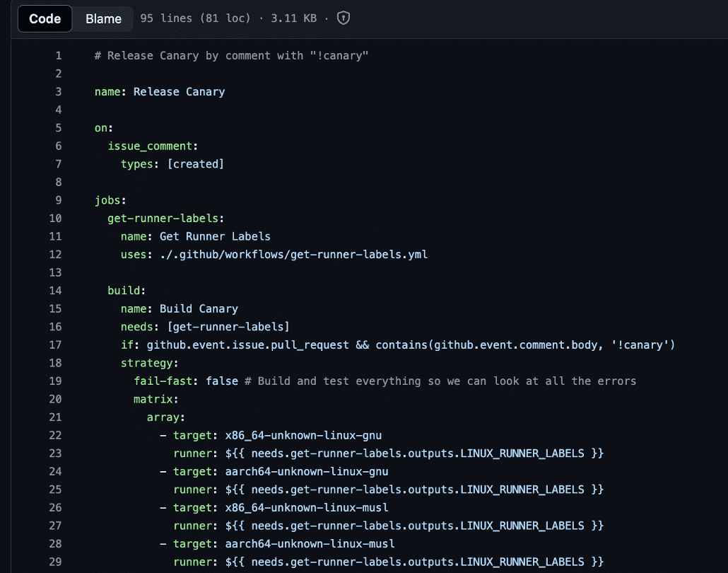 Figure 1: We observed that the “Release Canary” workflow was configured to run on issue comment and would execute if the issue comment contained the keyword “!canary”.