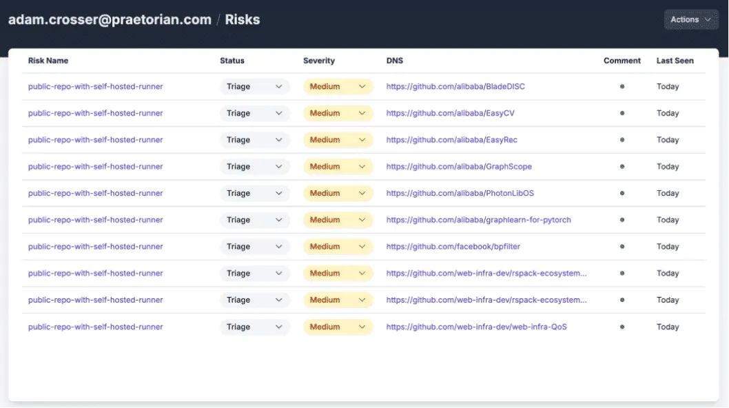 Figure 11: An example screenshot where we leveraged Chariot to enumerate public repositories with self-hosted runners configured across a variety of GitHub organizations.