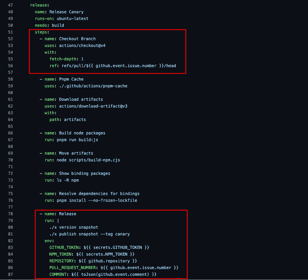 Figure 2: We observed that the workflow, when executed, would first checkout the code from the attacker’s pull request and run a script named “x” from the attacker branch with the deployment NPM token and a privileged GitHub secret with write access to the repository.