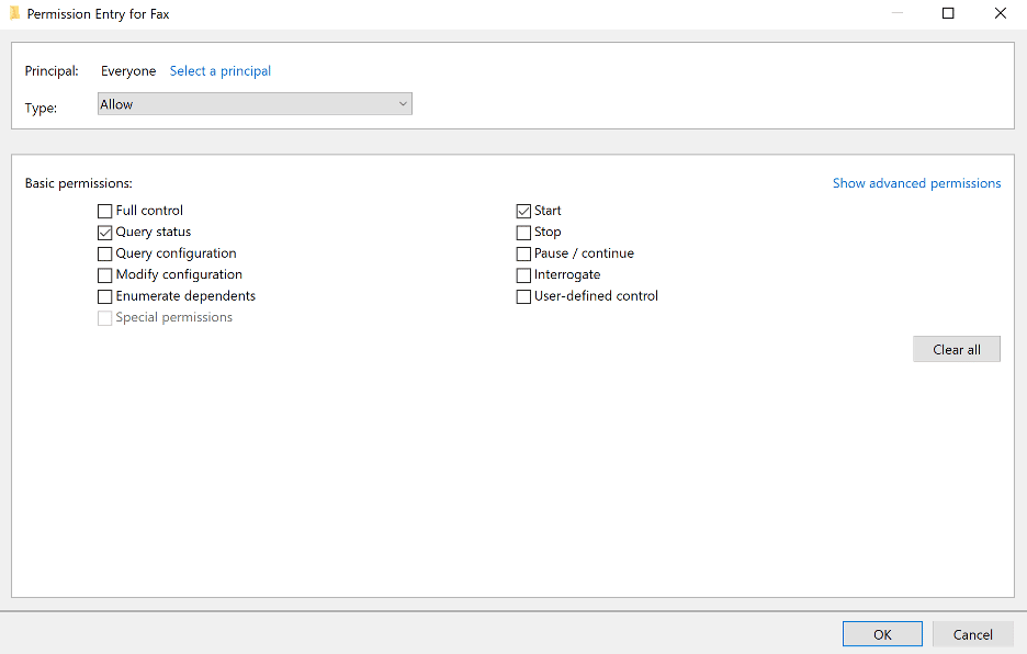 windows fax service permission entry