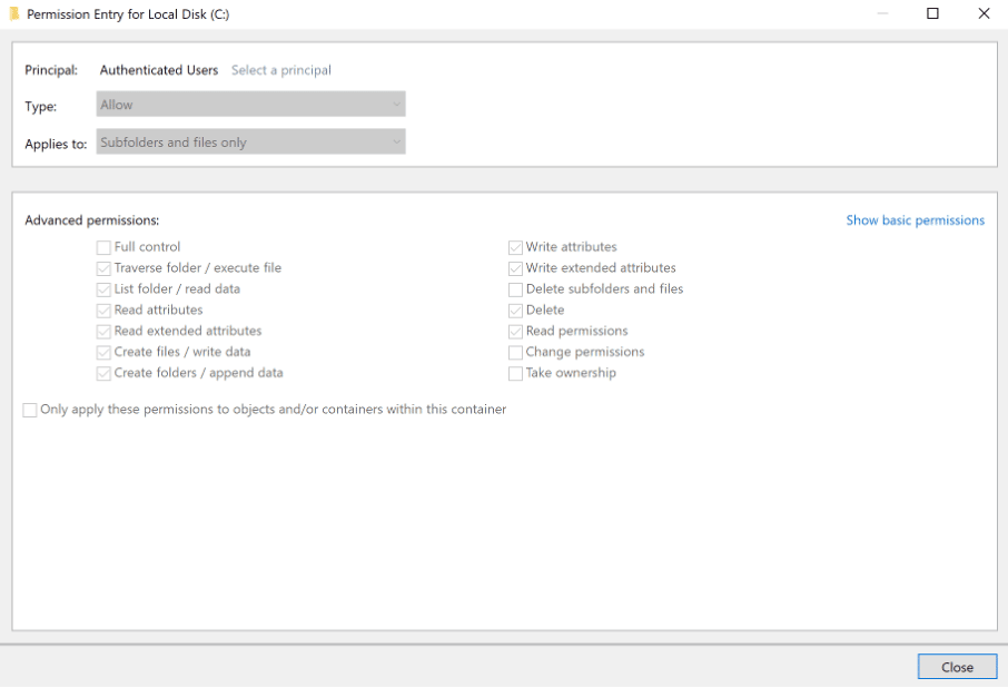 permission entry for local disk