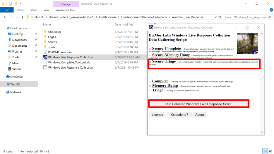 Live Response Executable Screen