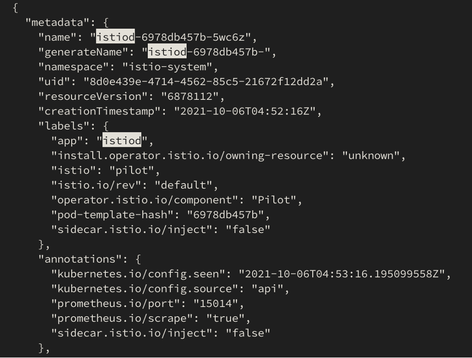 Snippet of data returned from Kubelet API identifying the Istiod pod specification.
