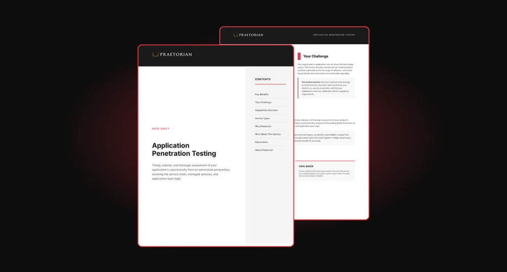 Cover of Praetorian Data Sheet "Application Penetration Testing," detailing adversarial cybersecurity assessments for service mesh and application-layer logic.