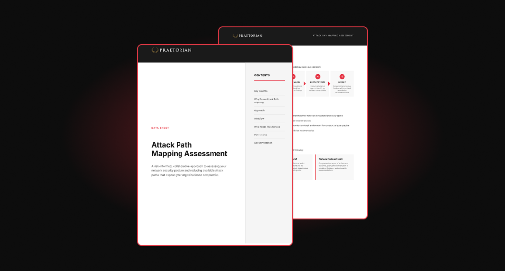Cover of Praetorian Data Sheet "Attack Path Mapping Assessment," detailing a risk-informed approach to reducing network attack paths.
