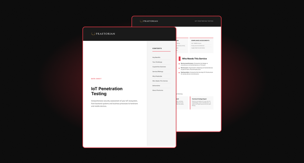 Cover of Praetorian Data Sheet "IoT Penetration Testing," detailing security assessments for connected devices, firmware, and hardware ecosystems.