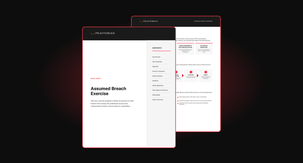 Cover of Praetorian Data Sheet "Assumed Breach Exercise," detailing security assessments to test defense against initial breach expansion.