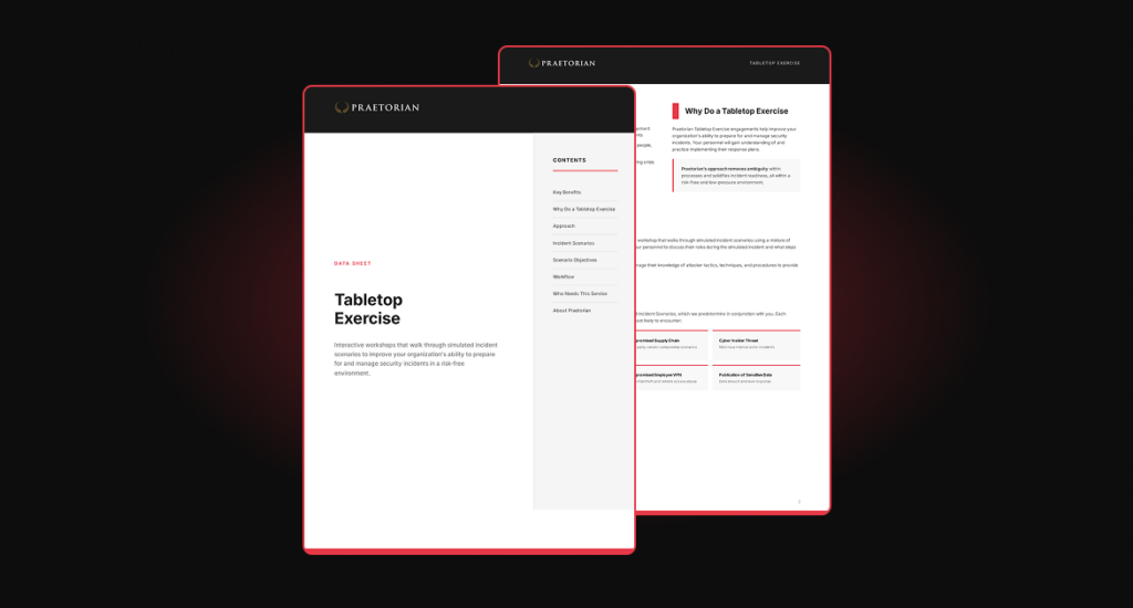 Cover of Praetorian Data Sheet "Tabletop Exercise," detailing interactive workshops for incident response preparation.