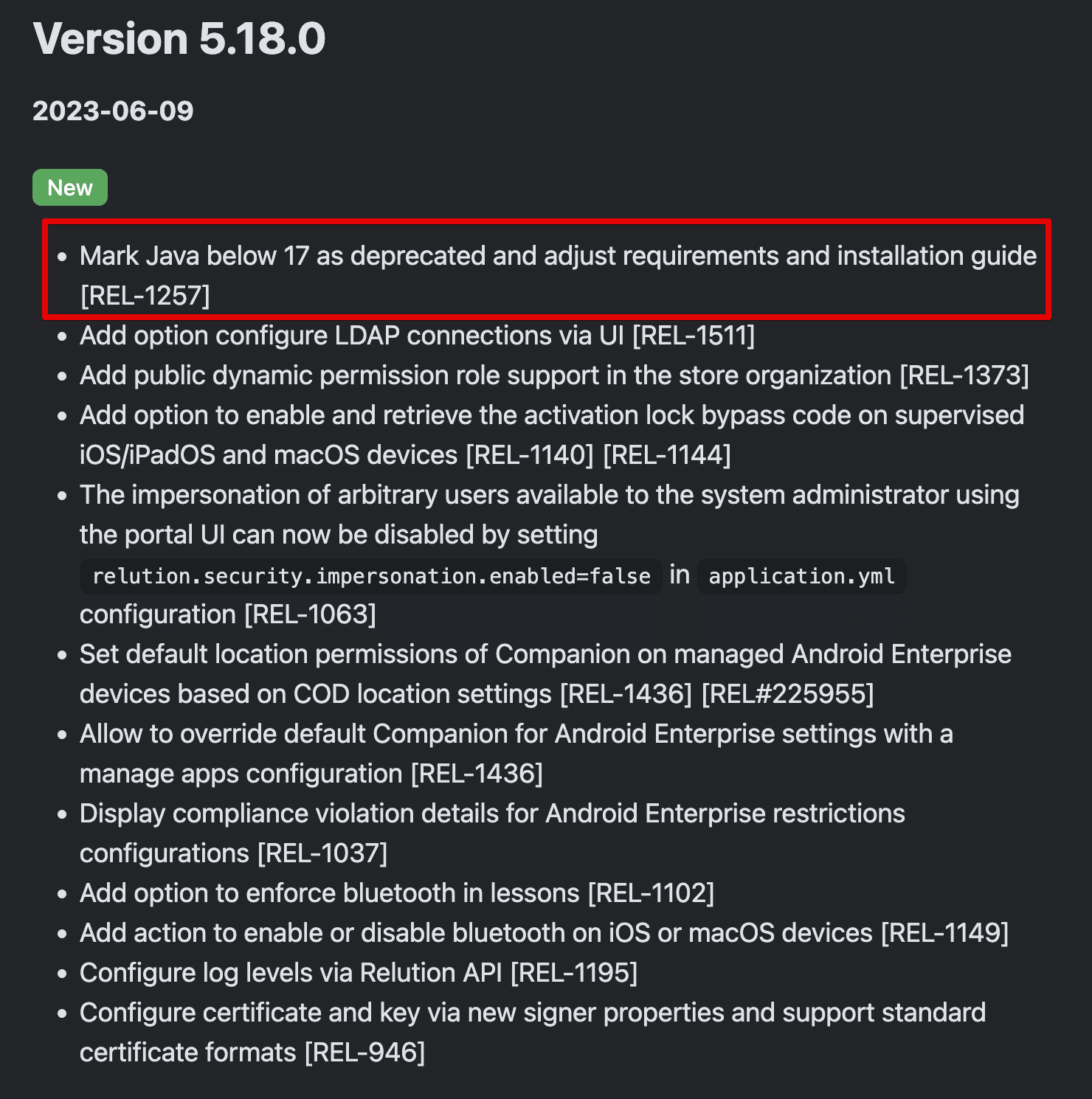 Figure 5: Our analysis of the changelog published by Relution indicated that versions below Java 17 were deprecated in version 5.18.0 published on June 6th, 2023.