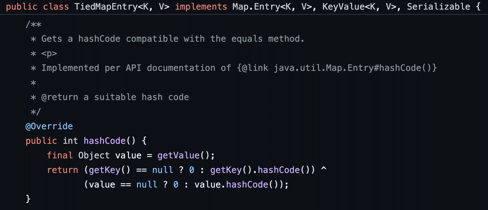 Figure 24: The first step performed by the LazyMap.hashCode function involves invoking TiedMapEntry.hashCode.