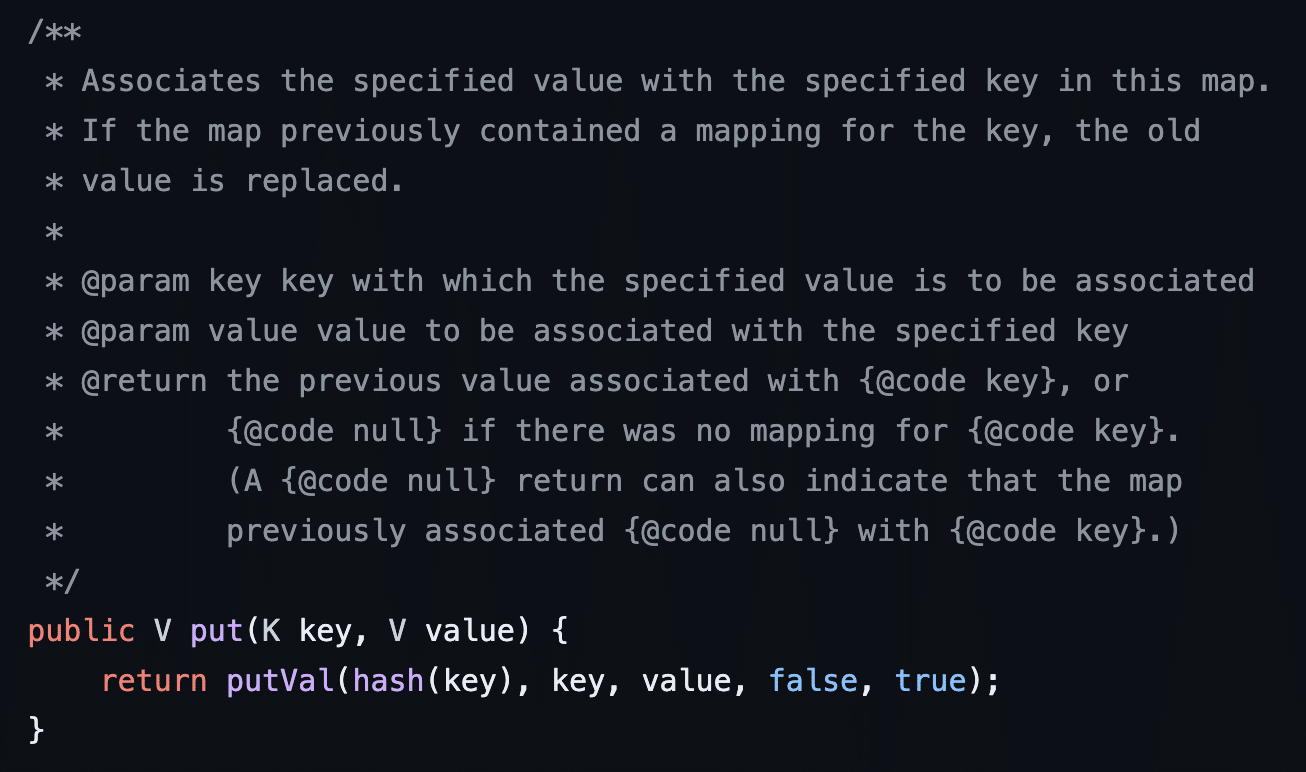 Figure 26: To add a new entry to a HashMap the “put” function must derive a hash from the input key object by invoking the hash function which is just a wrapper around key.hashCode.