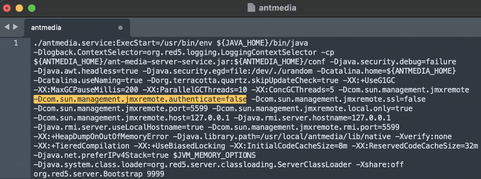 Figure 1: We observed that the Ant Media Server application was configured to launch with Java Management Extensions (JMX) for Remote Management configured with authentication disabled listening on localhost.