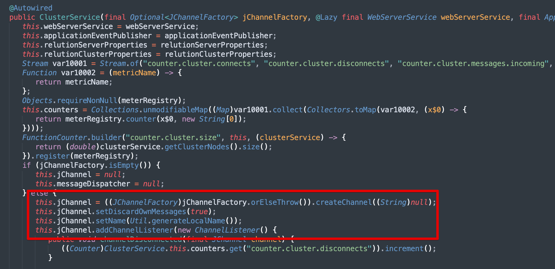 Figure 3: The constructor for the ClusterService class uses the JGroups library to create a listener with a RequestHandler set to the ClusterService.handle function.