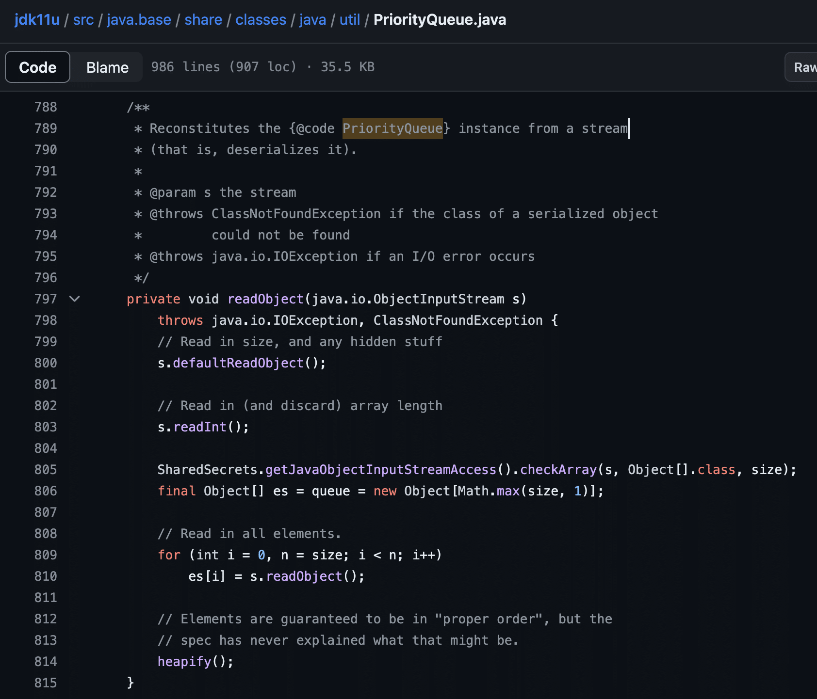 Figure 8: The PriorityQueue.readObject function works by reading the serialized PriorityQueue members and then running the heapify function to construct the heap structure used to represent the PriorityQueue.