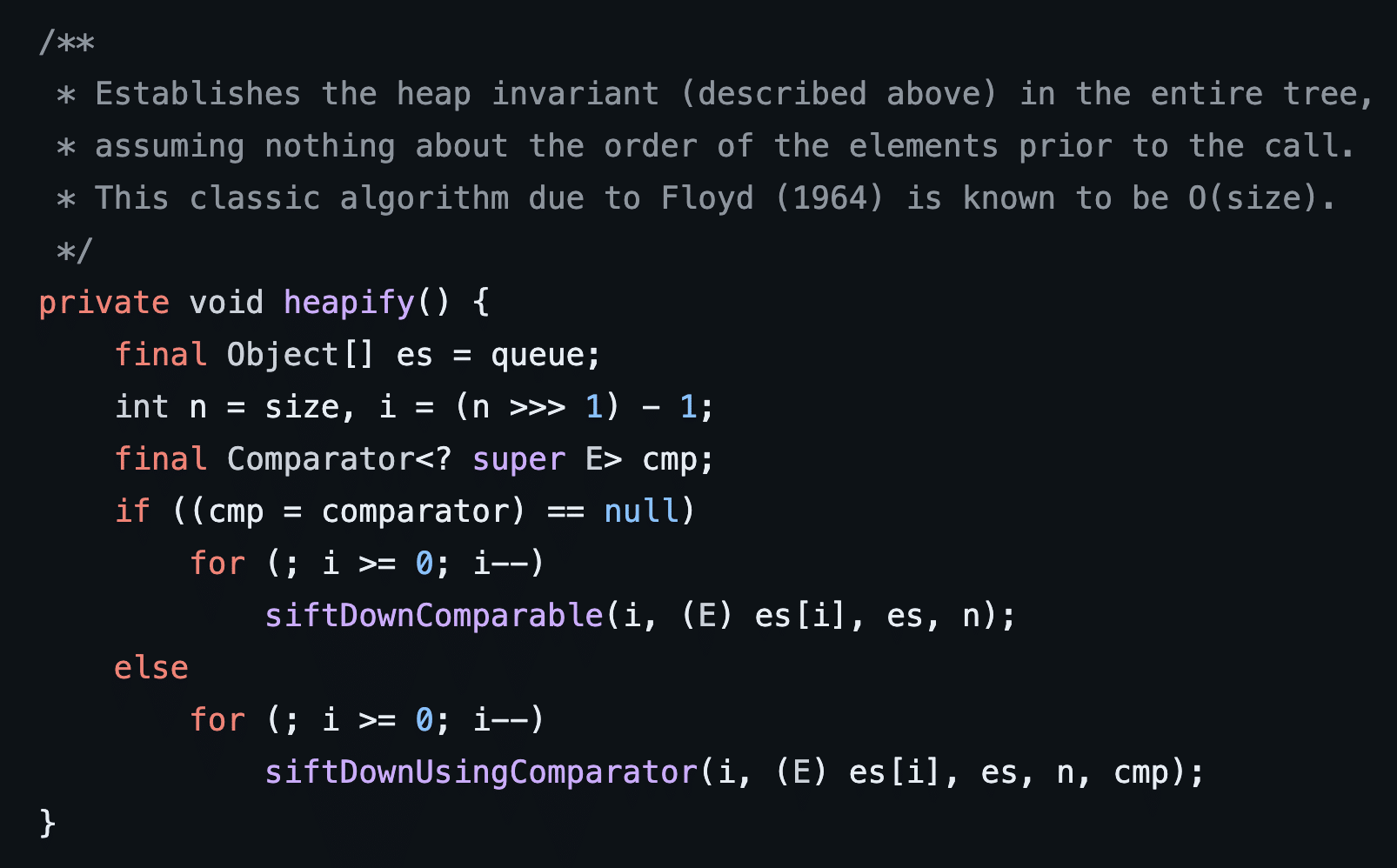 Figure 9: The heapify function invokes siftDownUsingComparator when a custom comparator is configured on the PriorityQueue object.