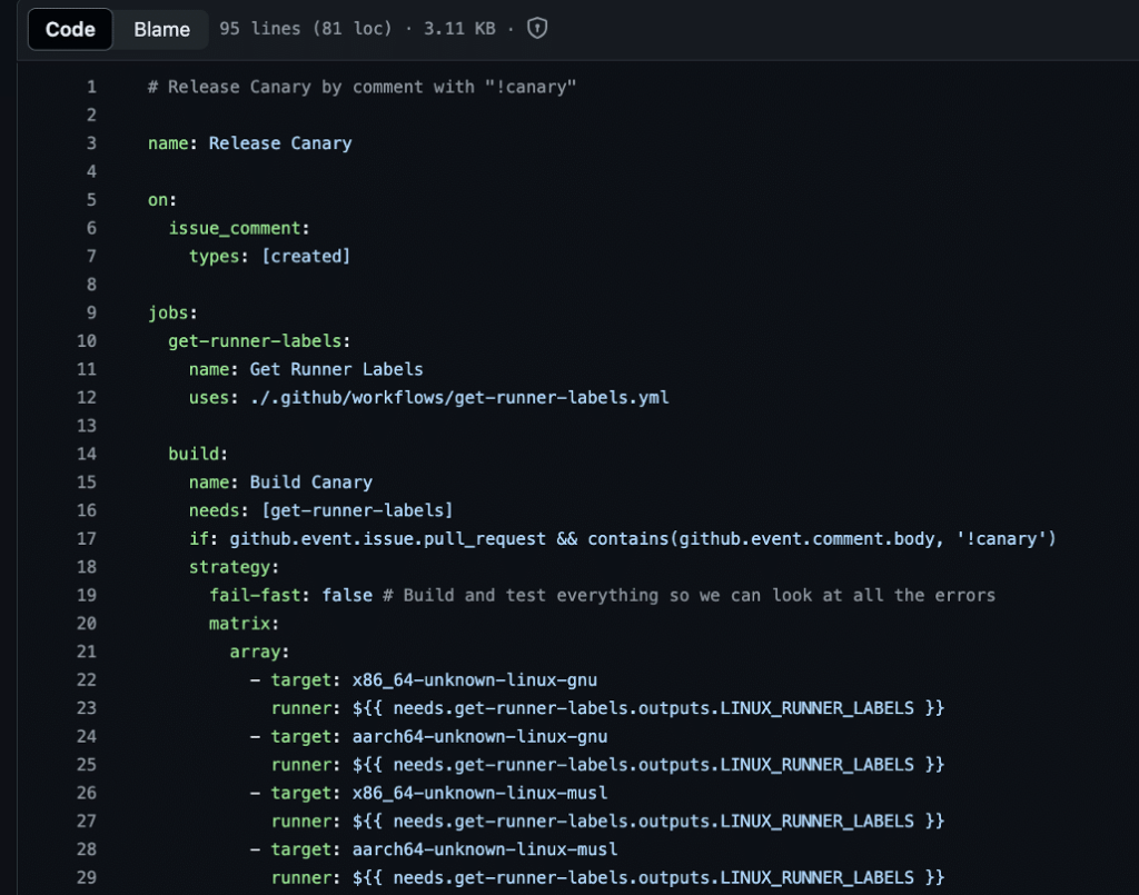 Figure 1: We observed that the “Release Canary” workflow was configured to run on issue comment and would execute if the issue comment contained the keyword “!canary”.