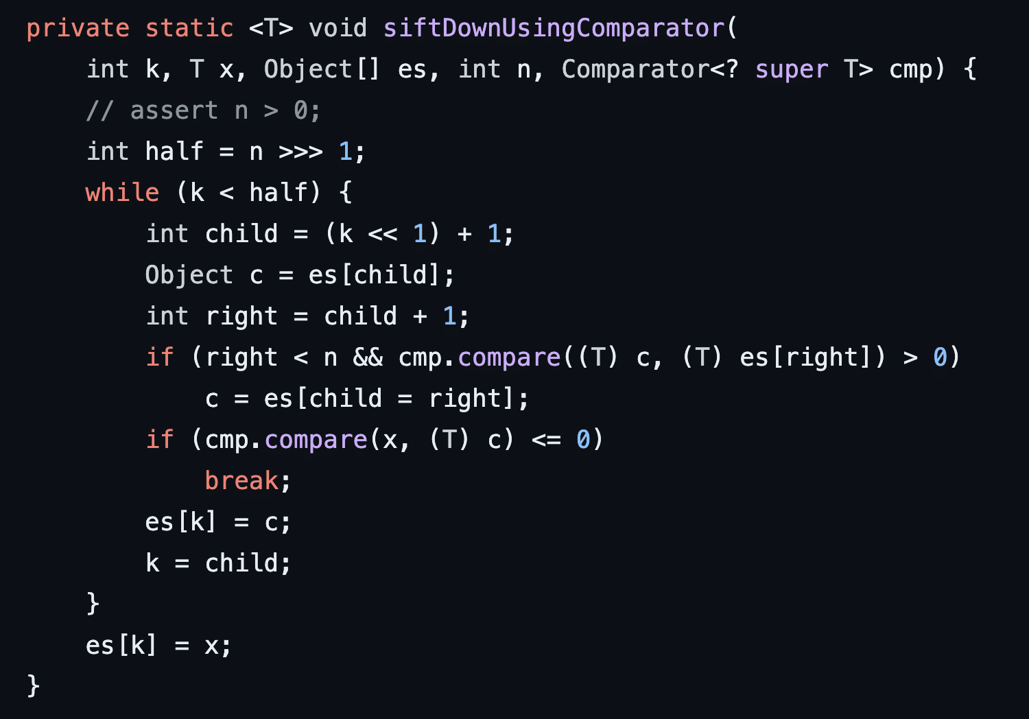 Figure 10: The siftDownUsingComparator function invokes the compare method on our custom BeanComparator object we configured on the PriorityQueue object during payload generation.