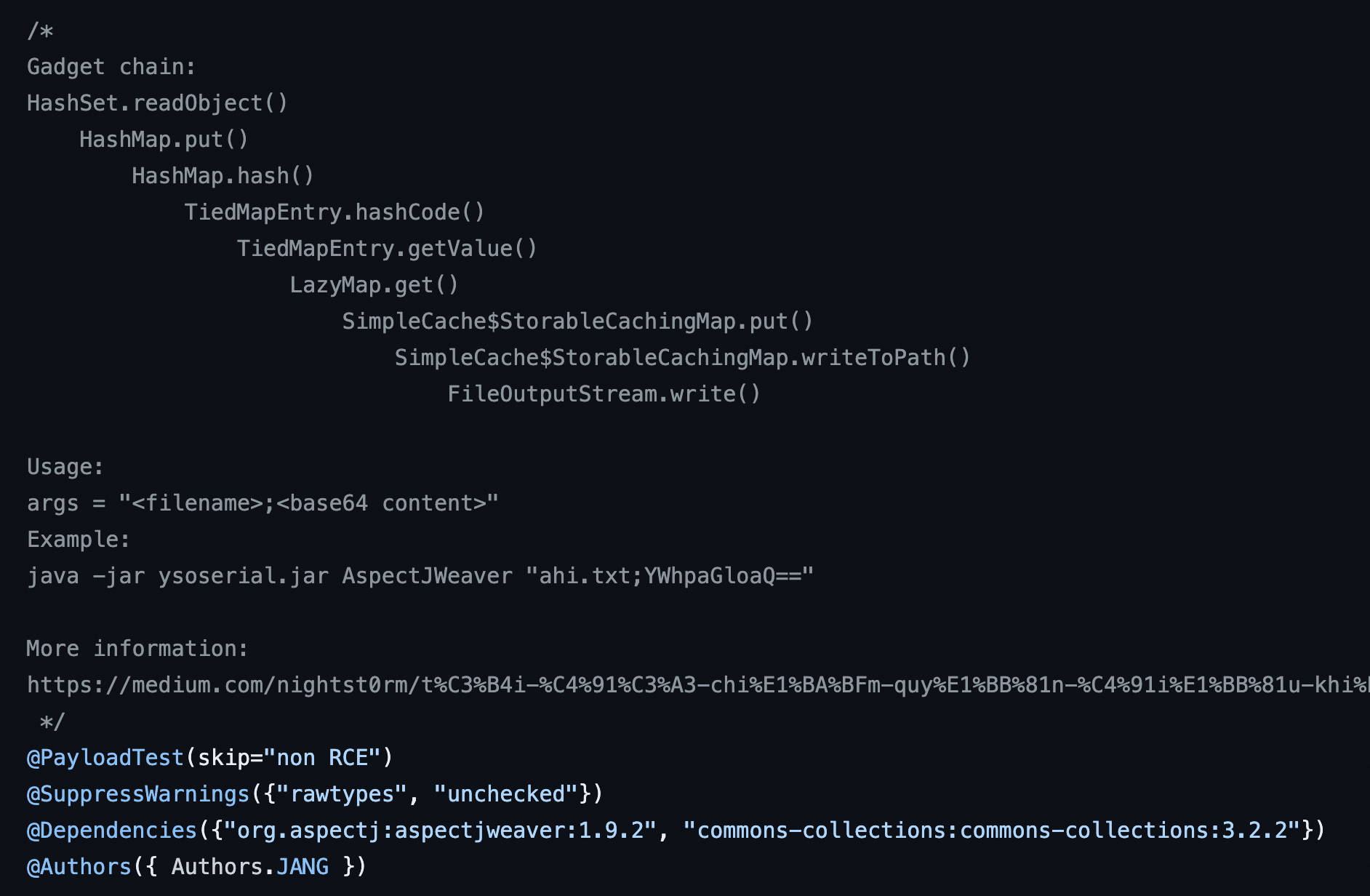 Figure 15: The deserialization gadget chain used by the AspectJWeaver payload generator in ysoserial.