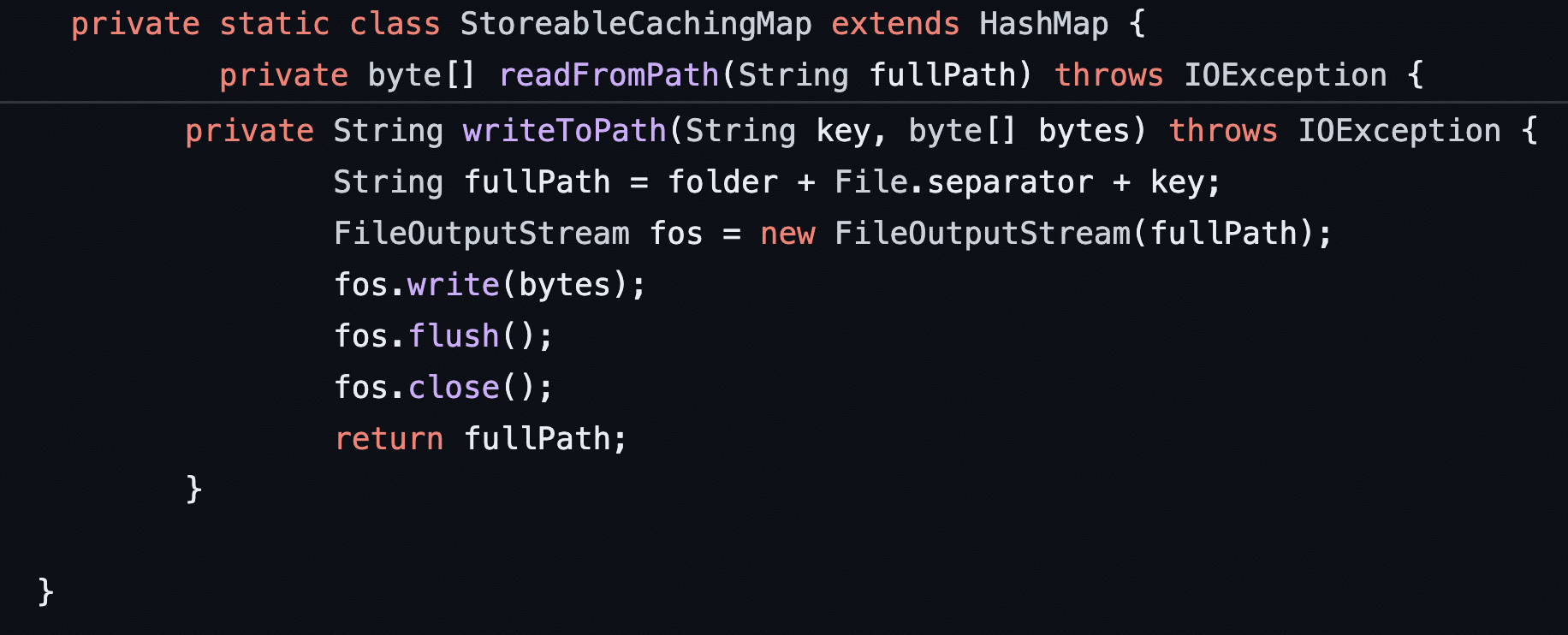 Figure 17: The writeToPath function takes a key which is used in the construction of an output file path and an array of bytes written to the target file path.