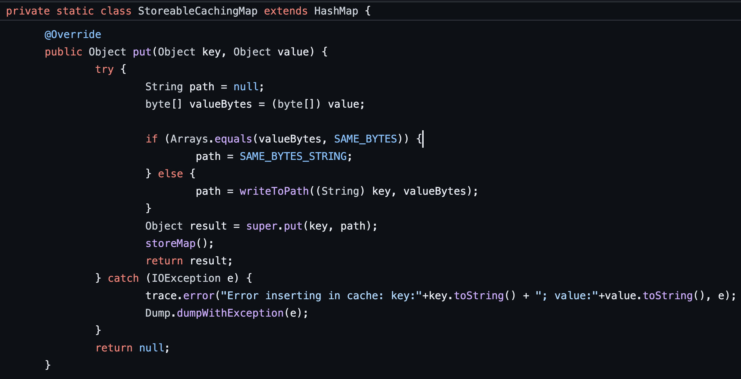 Figure 18: The StorableCachingMap.put function invokes the writeToPath function using a key and array of bytes passed to the put function as arguments.
