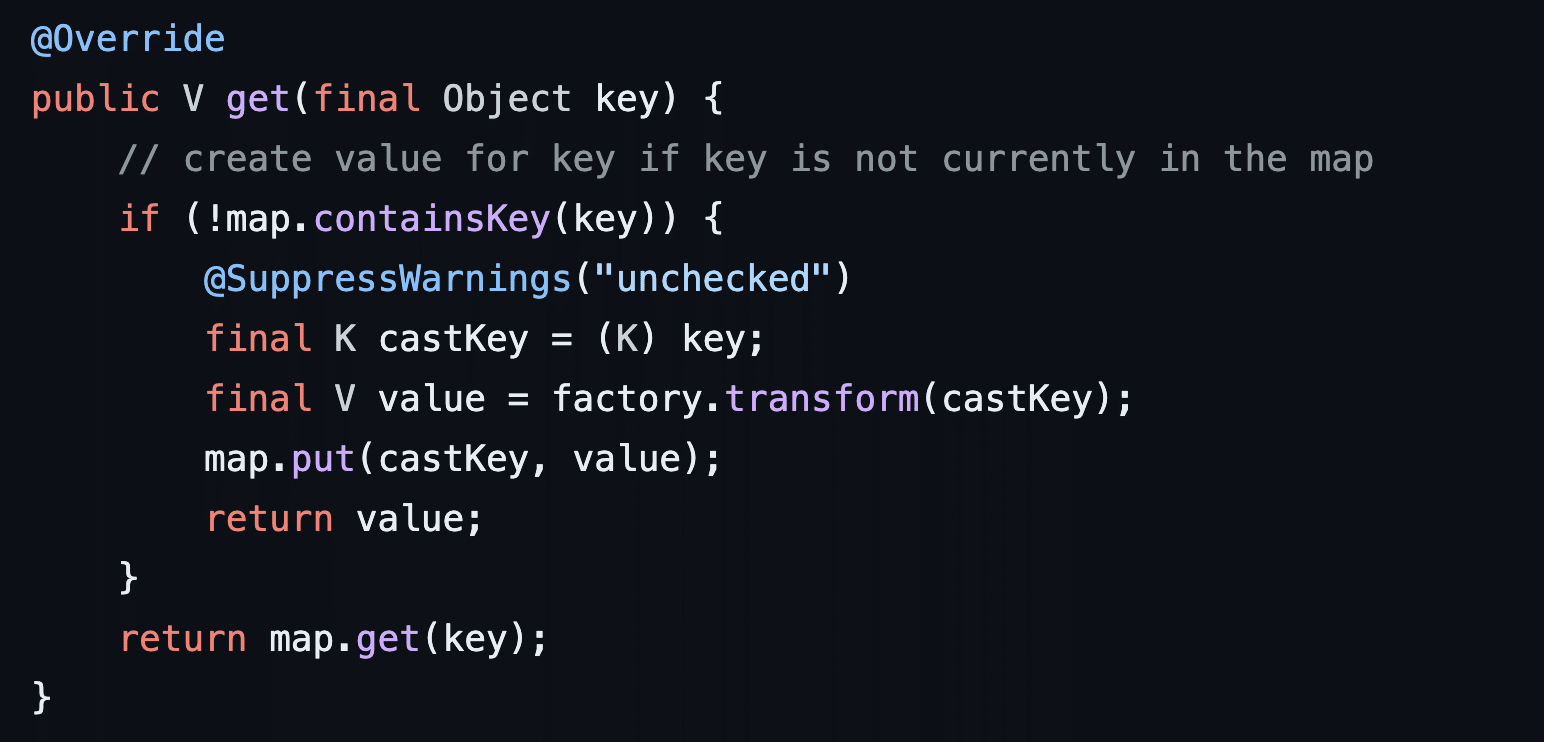 Figure 19: The LazyMap.get function takes an input key and runs a transform to derive a value from the key. It then invokes map.put with the passed key and derived value.