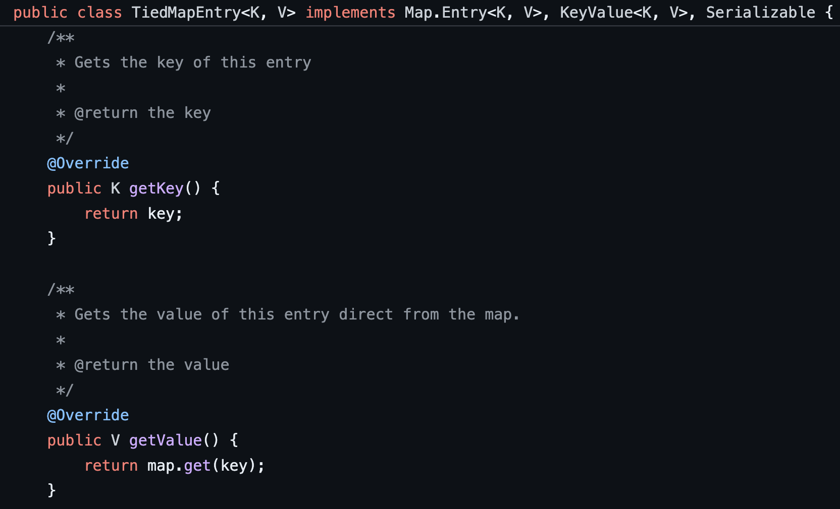 Figure 22: The TiedMapEntry.getValue function leverages the internal map field and invokes the get function on that class member using another internal member called key as an argument.