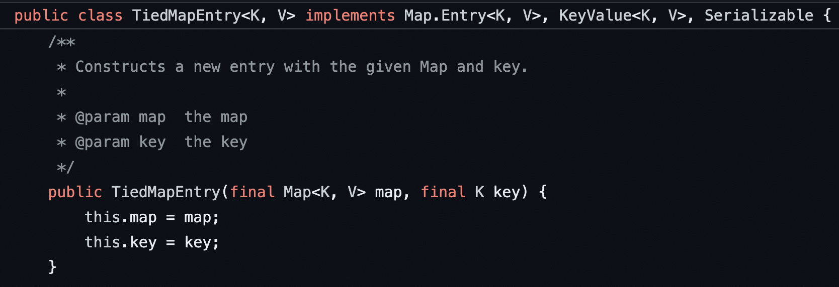Figure 23: We confirmed that the map and key values are both local class members within the TiedMapEntry class by examining the constructor for the class.