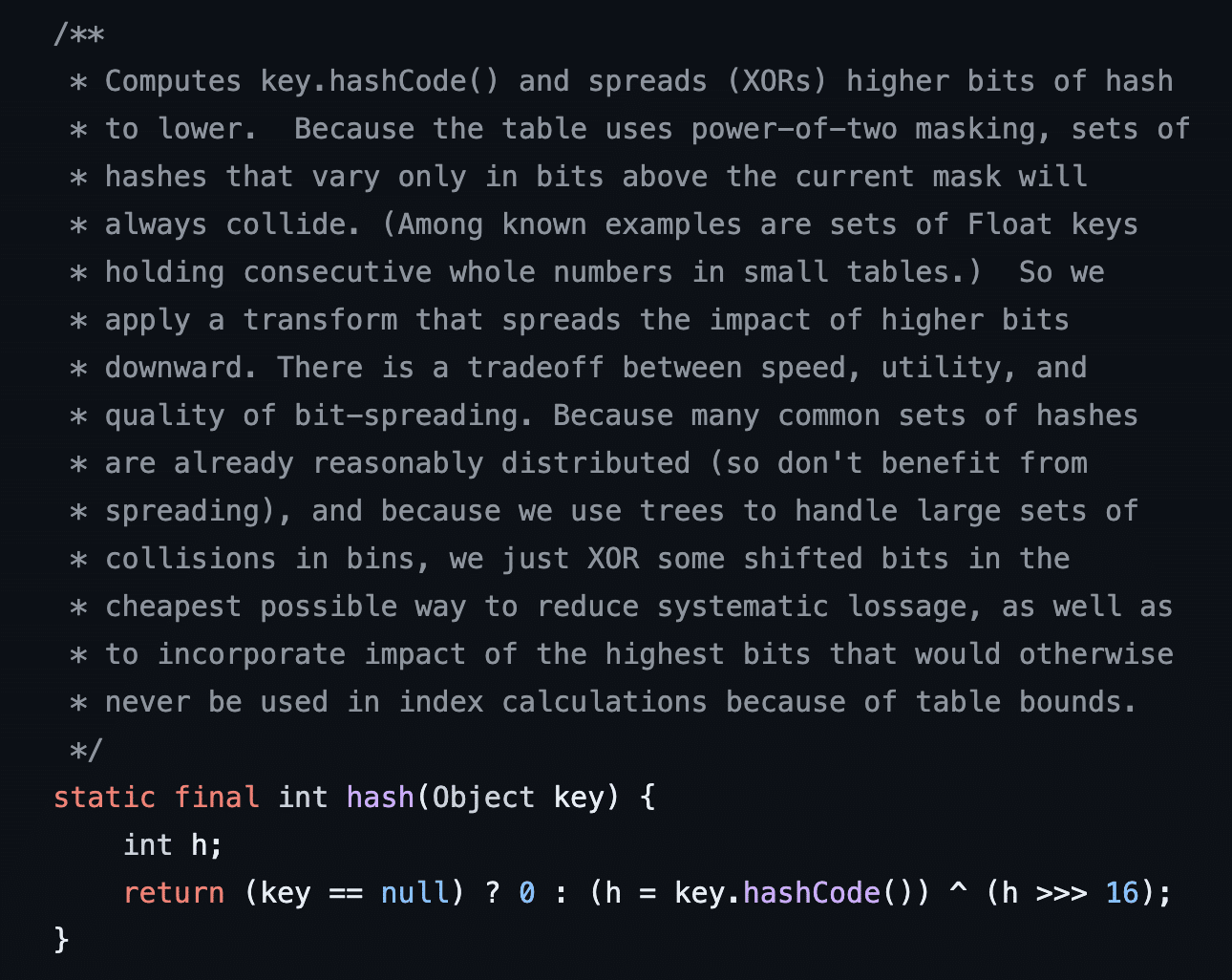 Figure 25: The HashMap.hash function uses key.hashCode to derive a hash value from the input key object.