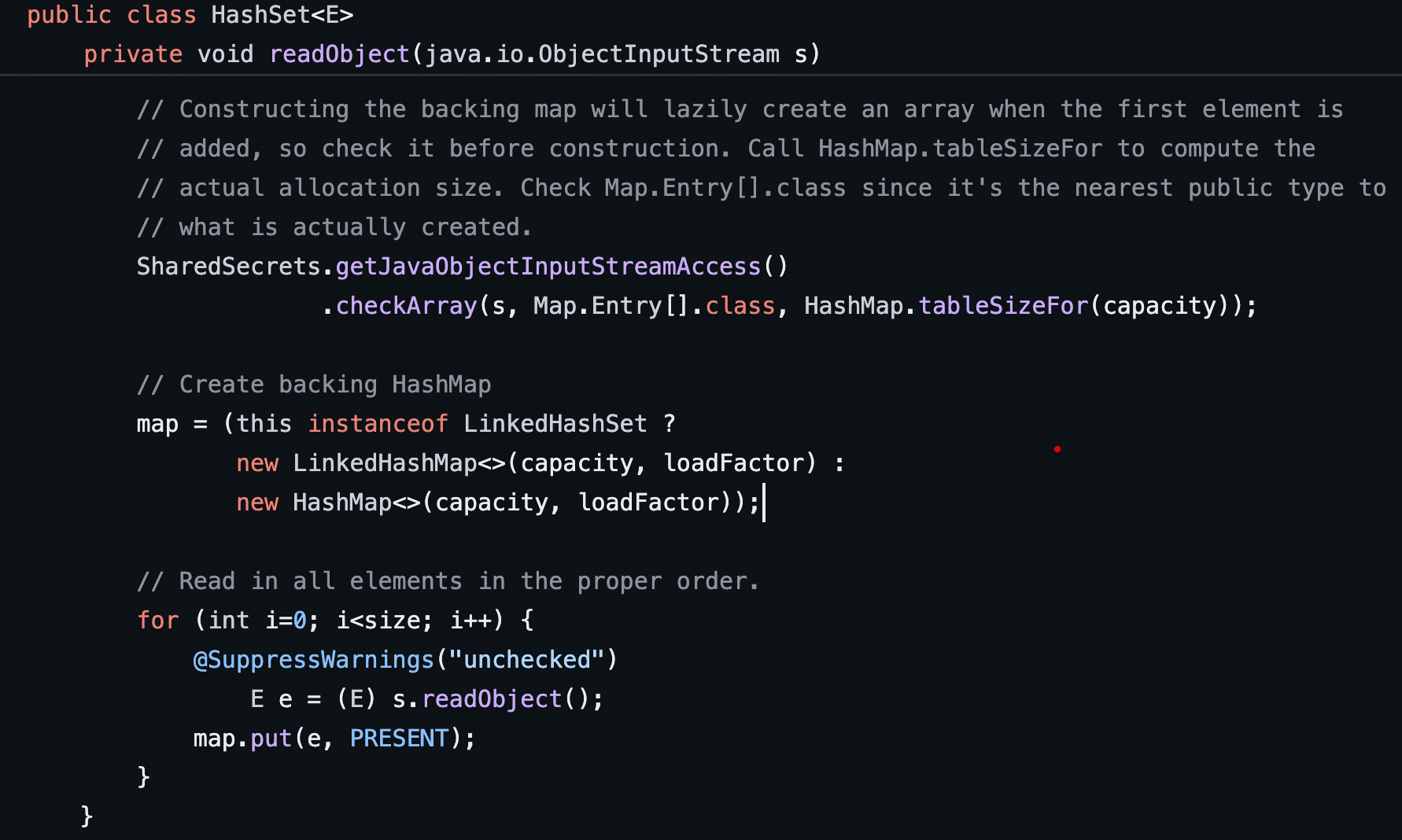 Figure 27: The HashSet.readObject function instantiates a new HashMap and then invokes HashMap.put on the newly instantiated HashMap to initialize it using the member values specified within the serialized object.