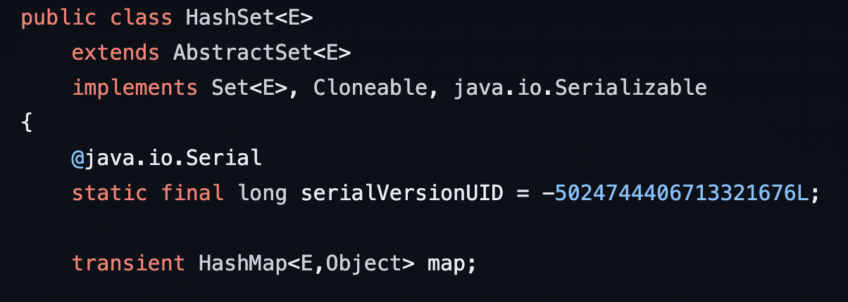 Figure 28: The HashSet class is implemented by leveraging an internal HashMap object to store the values inserted into the HashSet.