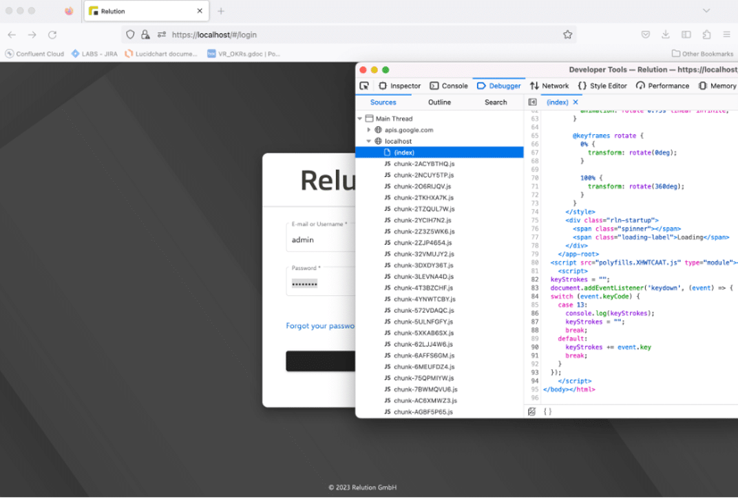 Figure 29: We used the arbitrary write capability to backdoor the frontend login panel of the Relution application. The backdoor allowed us to harvest credentials for the login interface using malicious JavaScript code.