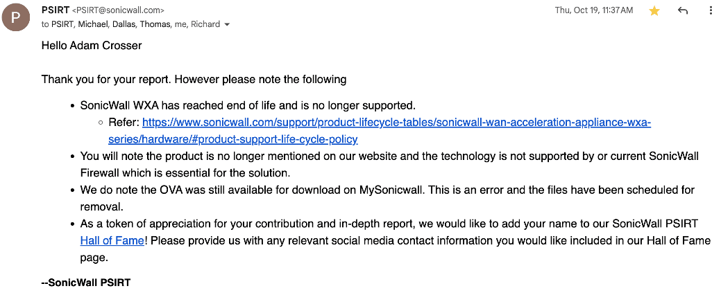 SonicWall WXA Vendor Response