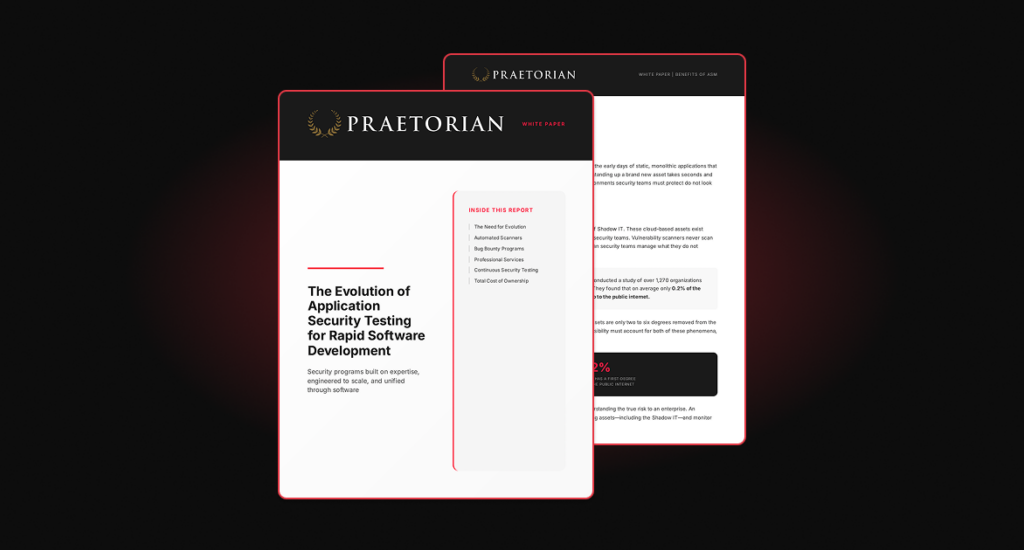 Cover of Praetorian White Paper "The Evolution of Application Security Testing," discussing automated scanners, bug bounties, and continuous testing.