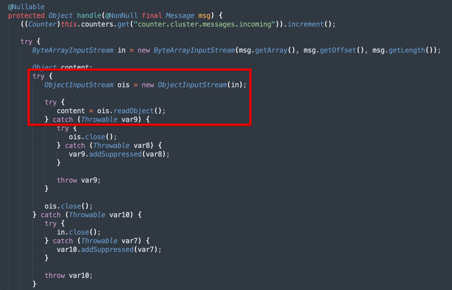 Figure 2: A bottom-up analysis of the decompiled source code for the Relution application yielded a function ClusterService.handle which appeared to deserialize an input message potentially containing attacker-controlled data.