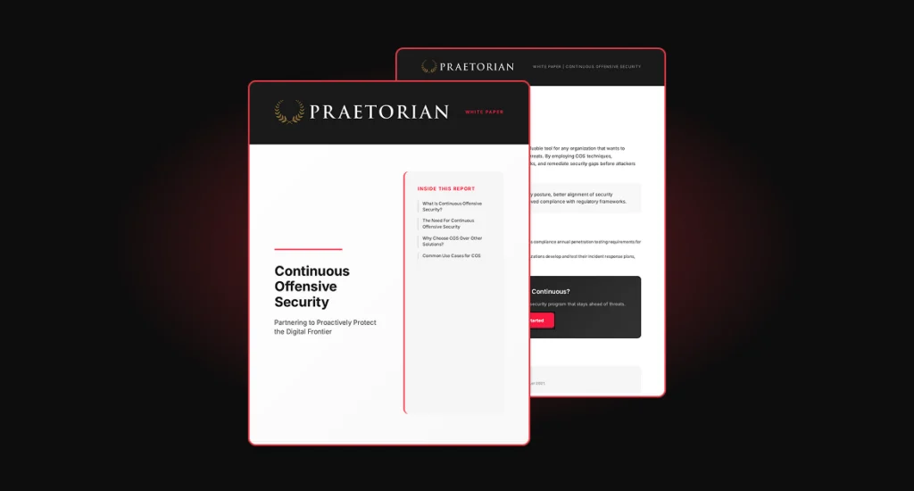 Cover of Praetorian White Paper "Continuous Offensive Security," detailing the need for proactive protection and common use cases.