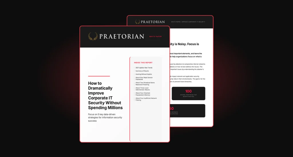 Cover of Praetorian White Paper "How to Dramatically Improve Corporate IT Security," detailing five data-driven strategies.