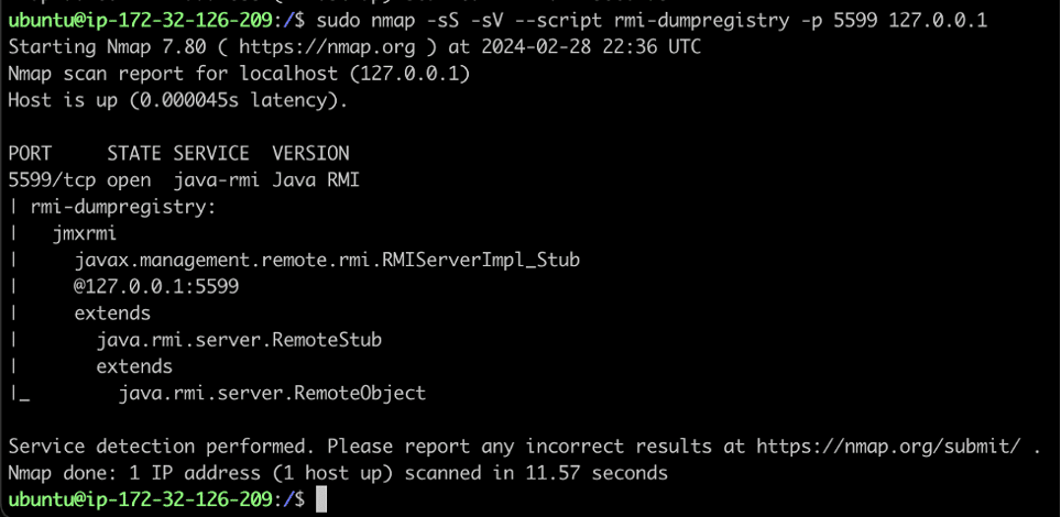 Figure 3: We observed that the JMX remote management service leveraged the Java Remote Method Invocation (RMI) protocol as a transport layer for making remote procedure calls to the JMX service.