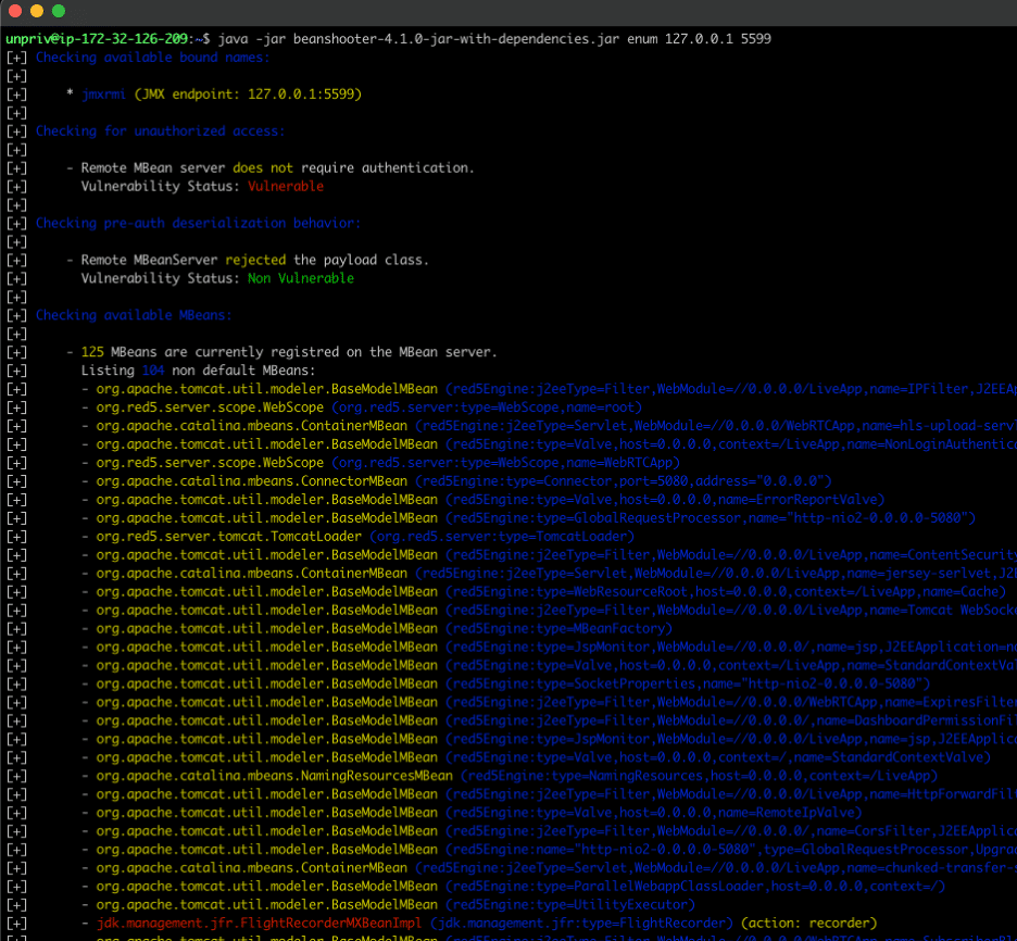 Figure 4: We then leveraged the beanshooter utility to enumerate installed MBeans.