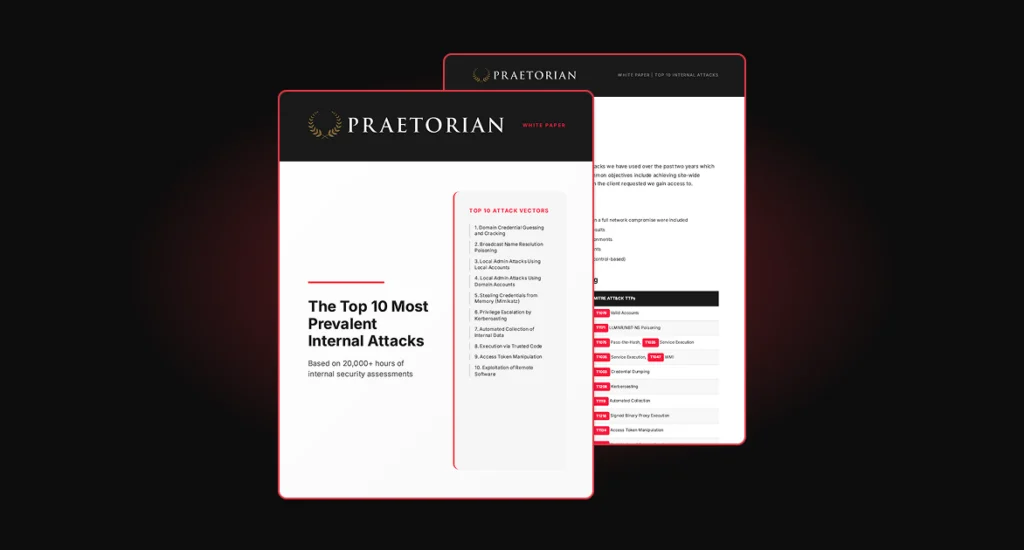 Cover of Praetorian White Paper "The Top 10 Most Prevalent Internal Attacks," listing vectors like credential guessing and local admin attacks.