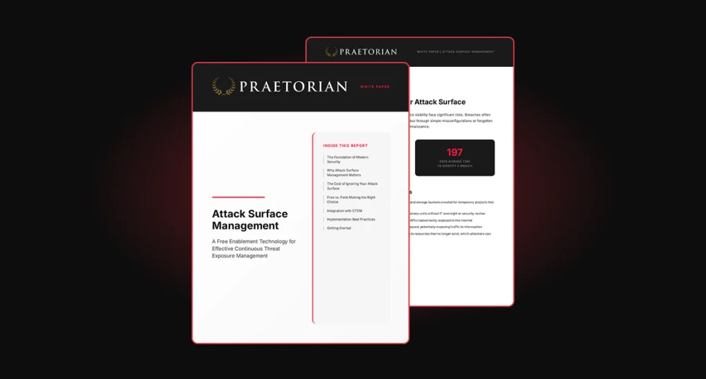 Cover of Praetorian White Paper "Attack Surface Management," discussing free enablement technology for Continuous Threat Exposure Management (CTEM).