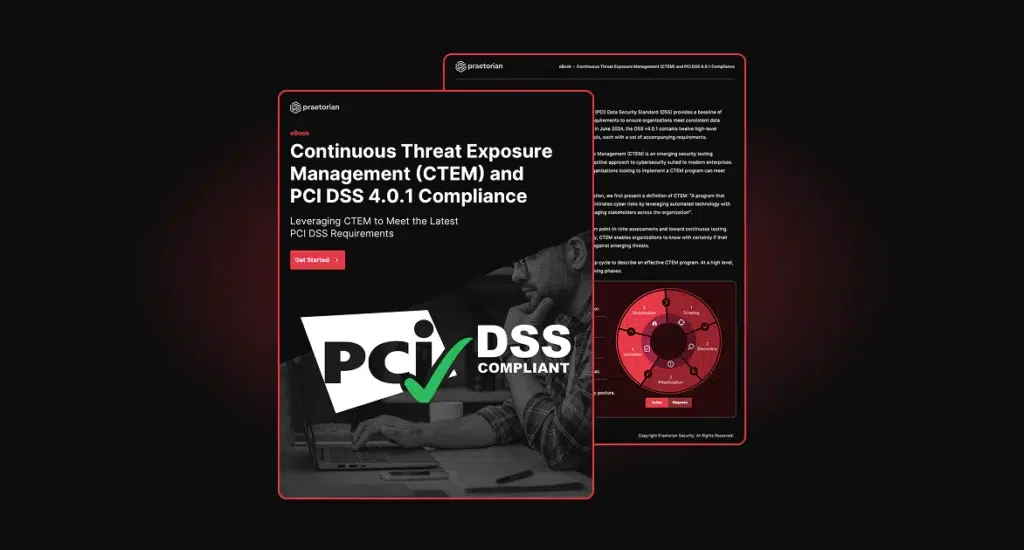 Cover of Praetorian eBook "CTEM and PCI DSS 4.0.1 Compliance," featuring a compliance checklist and the PCI DSS logo.