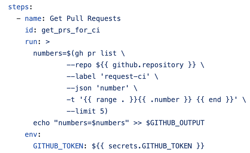 Screenshot of open PRs with the “request-ci “ label.